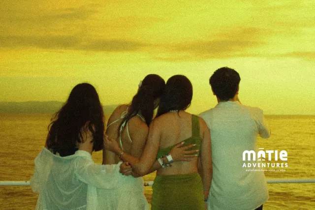 Group of friends from behind watching the sunset on the beach