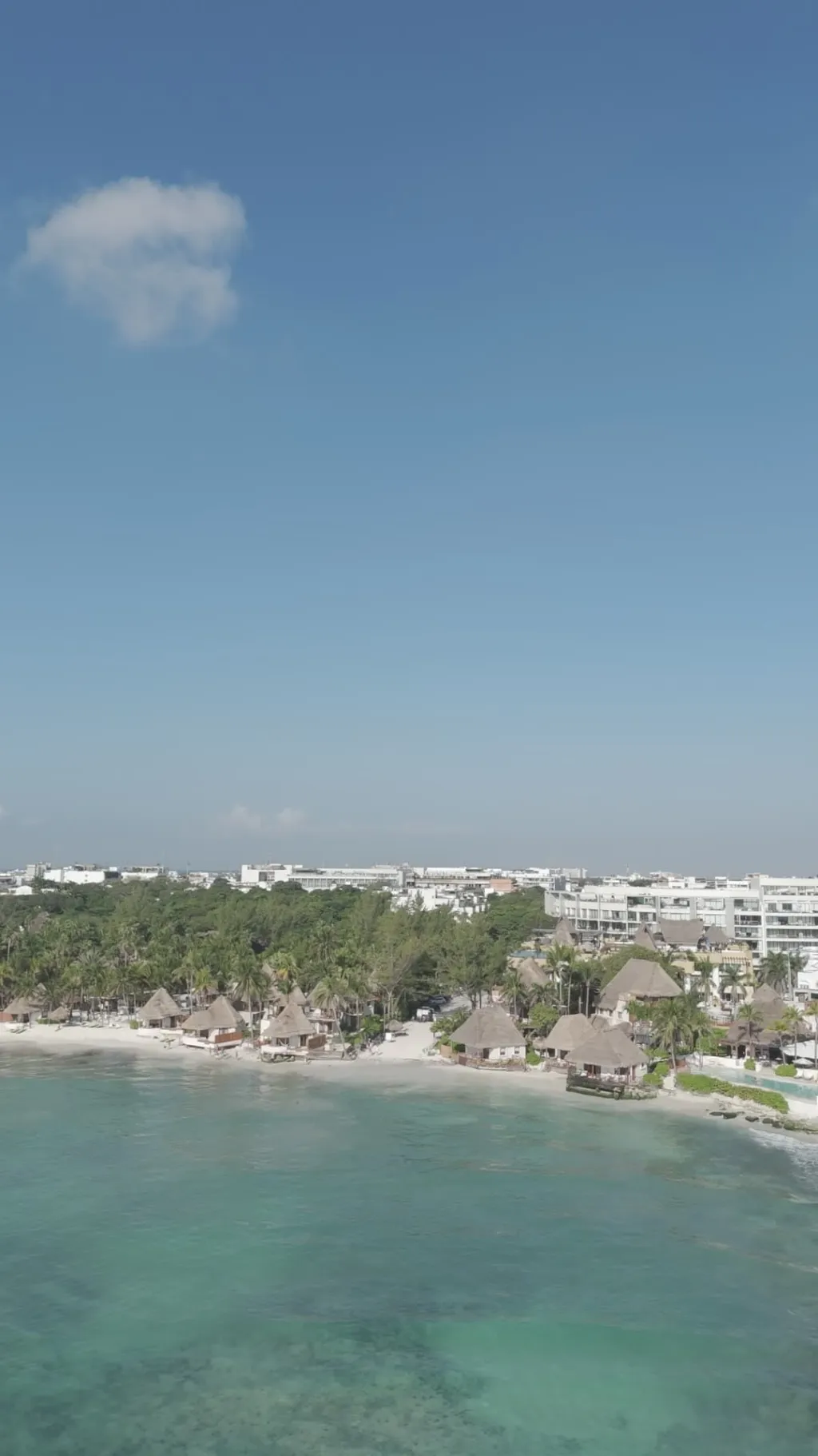 Vista aérea de la costa de Playa del Carmen con palapas, hoteles y mar turquesa